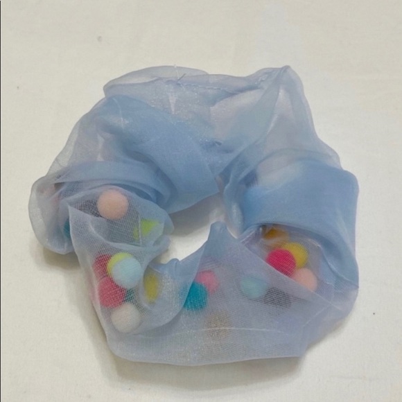 Cute Organza Scrunchie Hair Accessory with Pompoms - Picture 2 of 2